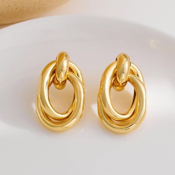 18K Gold Geometric Dangle Drop Earrings - Picture 2 of 6